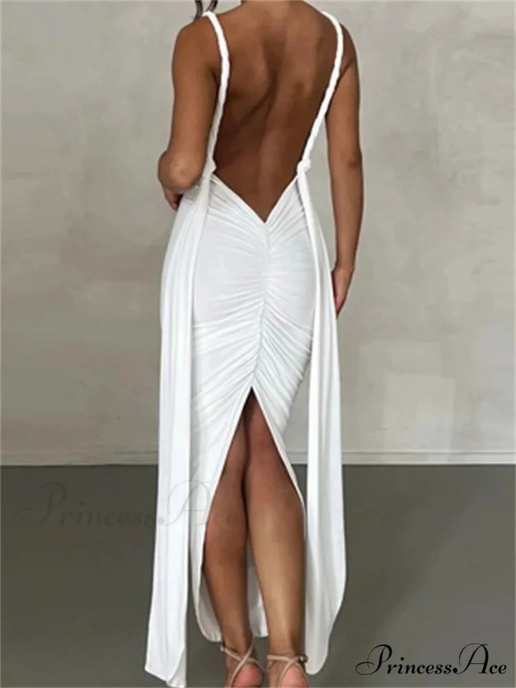 Women Sleeveless Strap Solid Color Deep V-neck Backless High Split Summer Party Ruched Vestidos WHITE / S