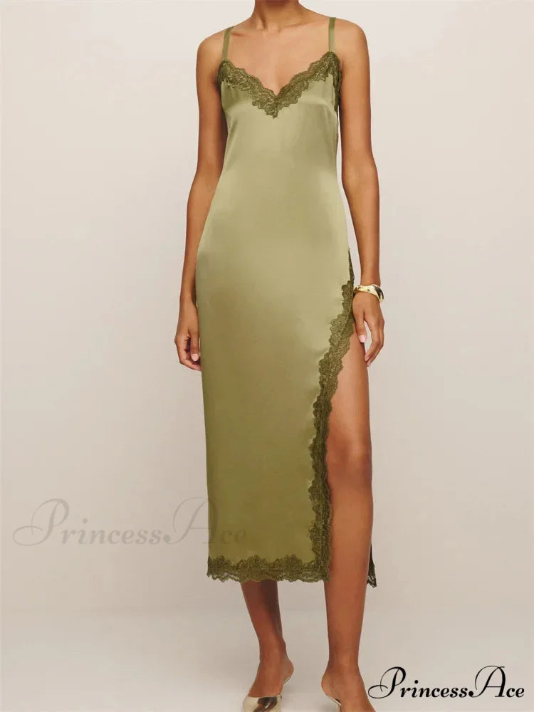 Women Sleeveless Strap Summer Lace Patchwork V Neck Backless Split Party Cocktail Beach Streetwear GREEN / S