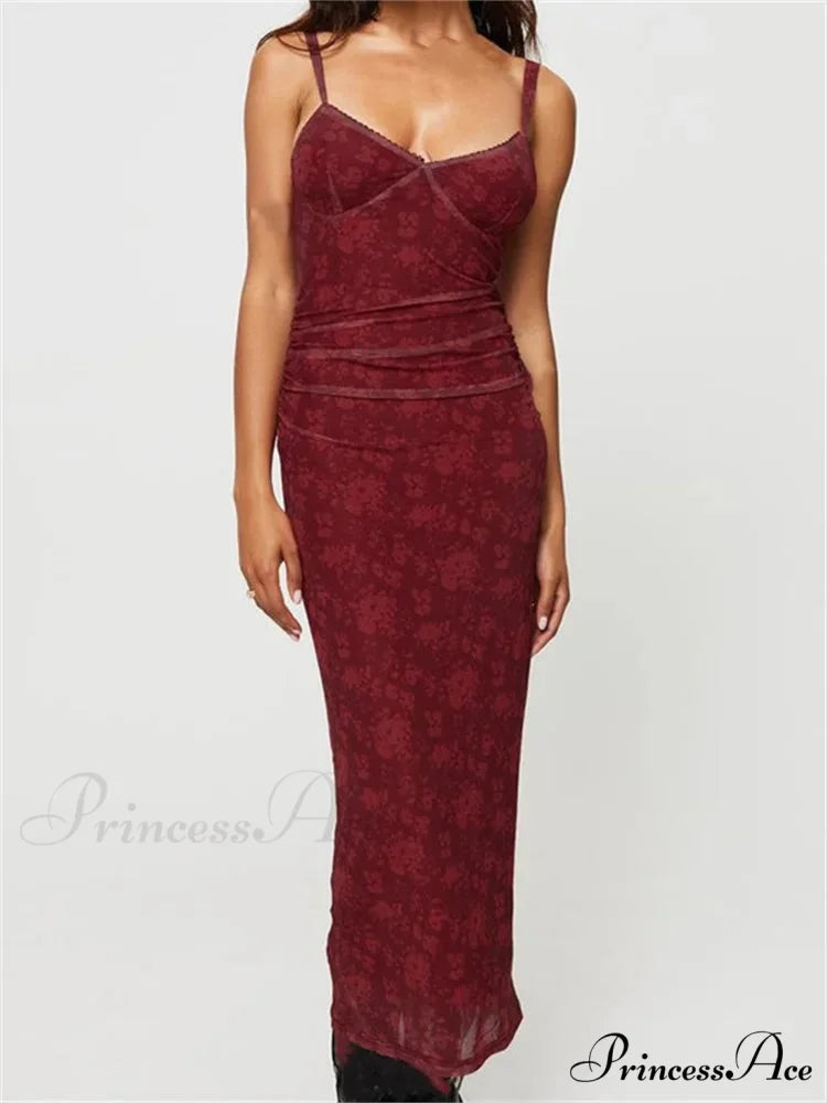 Women Sleeveless Strap Summer Vintage Floral V-neck Party for Cocktail Beach Vestido Streetwear RED / S