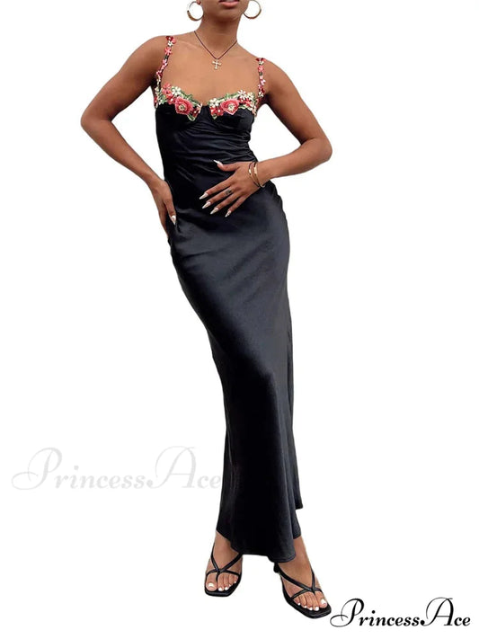 Women Sling Bodycon Flower Embroidery Sleeveless Spaghetti Strap Cocktail Summer Party Club Vestidos Black / S