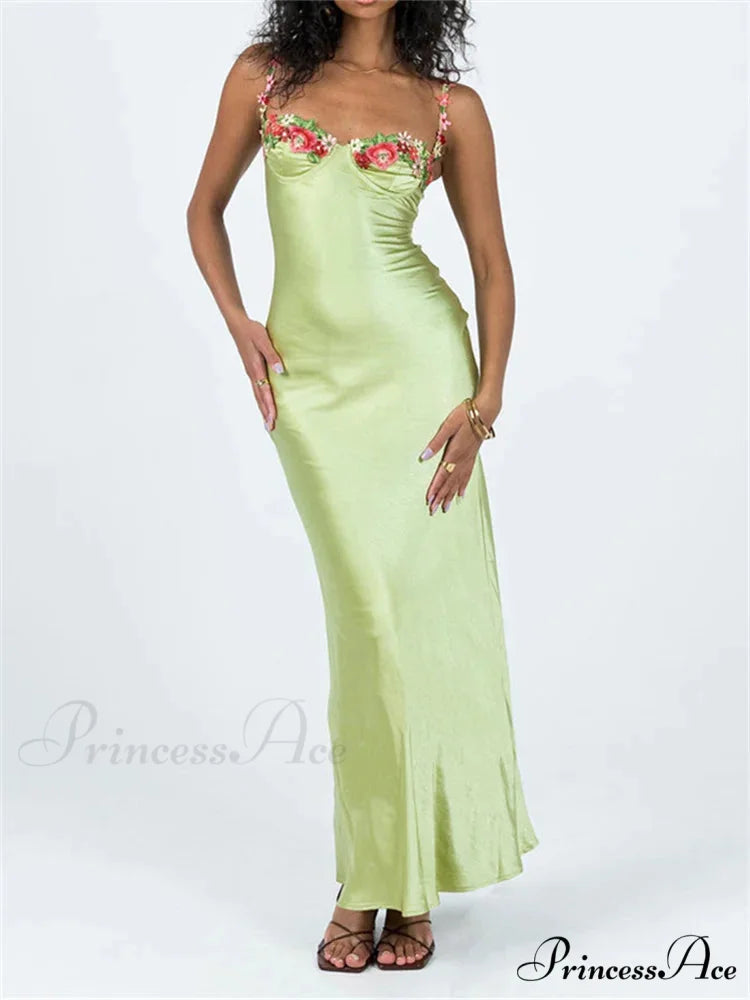 Women Sling Bodycon Flower Embroidery Sleeveless Spaghetti Strap Cocktail Summer Party Club Vestidos Green / S