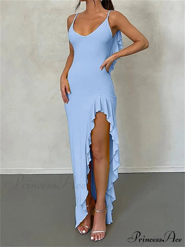 Women Spaghetti Strap Backless Ruffles Sexy Slim Fit V Neck Sleeveless Strap Ruched Beach Vestidos Blue / S