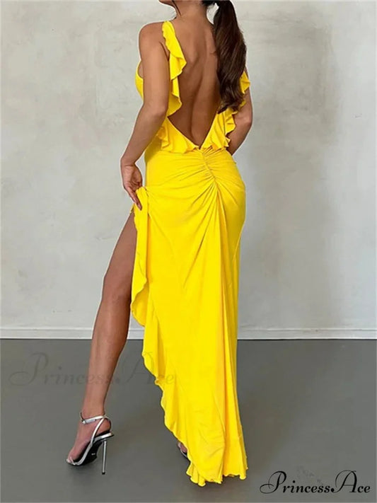 Women Spaghetti Strap Backless Ruffles Sexy Slim Fit V Neck Sleeveless Strap Ruched Beach Vestidos Yellow / S