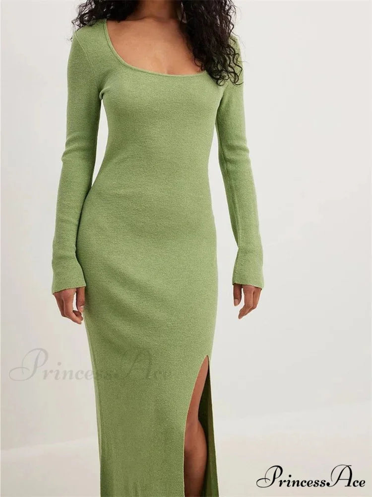 Women Spring Fall Knitted Elegant Sleeve Round Neck Solid High Split Female Vestidos Streetwear