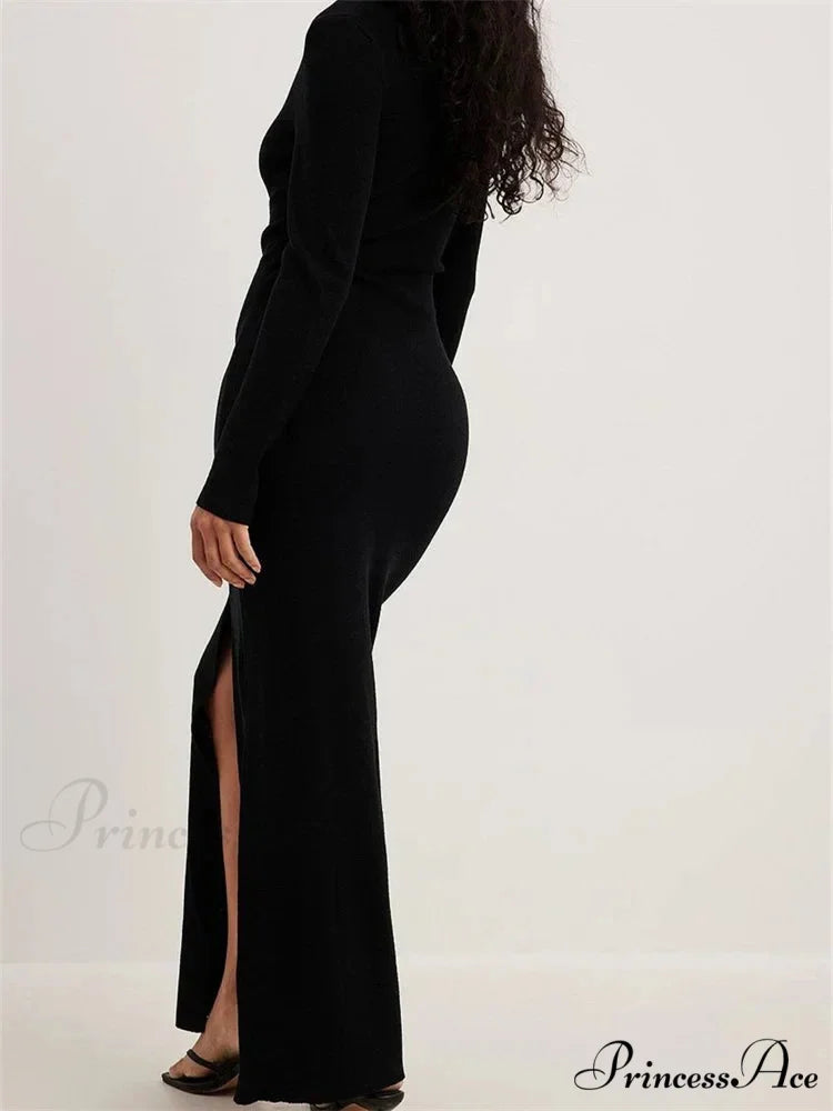 Women Spring Fall Knitted Elegant Sleeve Round Neck Solid High Split Female Vestidos Streetwear