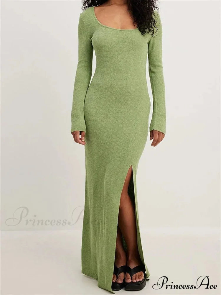 Women Spring Fall Knitted Elegant Sleeve Round Neck Solid High Split Female Vestidos Streetwear Green / S