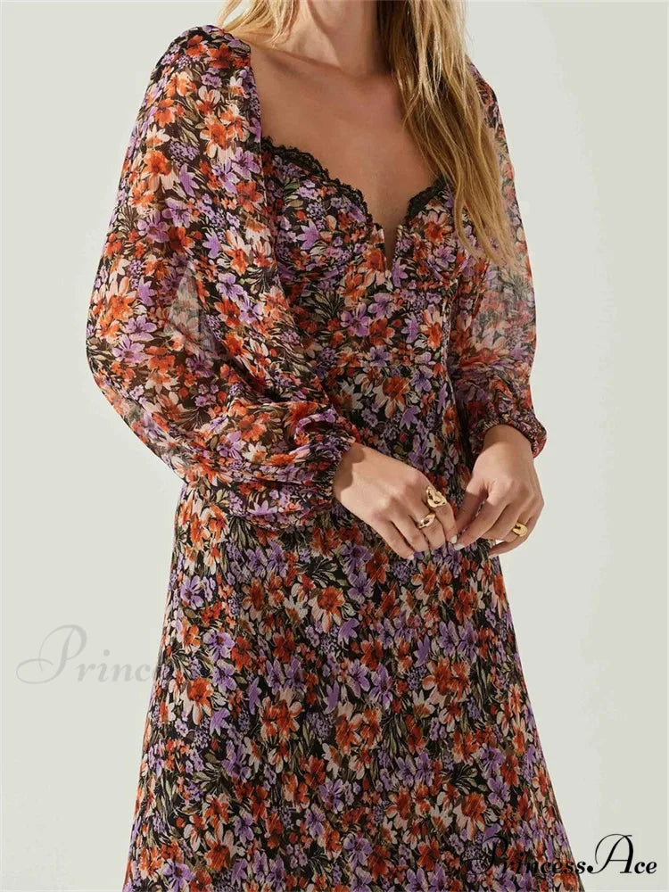Women Spring Fall Vintage Floral Print V-neck Puff Sleeve Fashion Backless Holiday Vestido
