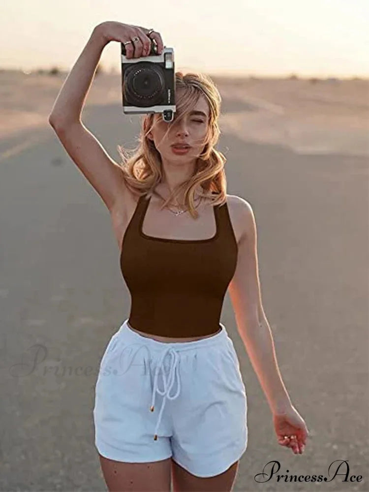 Women Square Neck Ribbed Camisole Women Summer Basic Elastic Sleeveless Crops Tank top