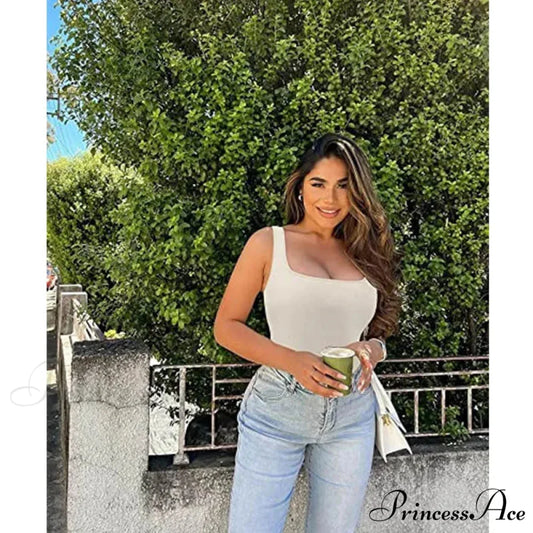 Women Square Neck Ribbed Camisole Women Summer Basic Elastic Sleeveless Crops Tank top Apricot / S