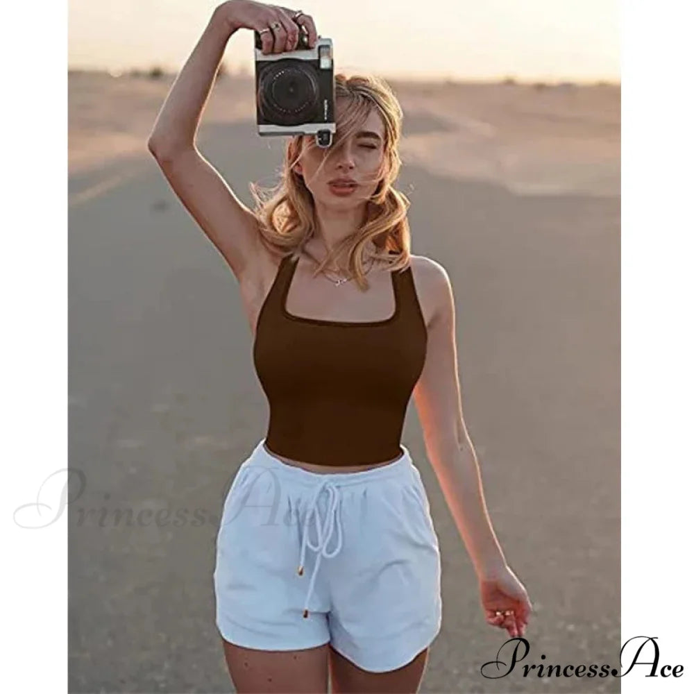 Women Square Neck Ribbed Camisole Women Summer Basic Elastic Sleeveless Crops Tank top coffe / S