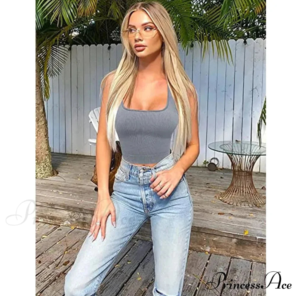 Women Square Neck Ribbed Camisole Women Summer Basic Elastic Sleeveless Crops Tank top GRAY / S