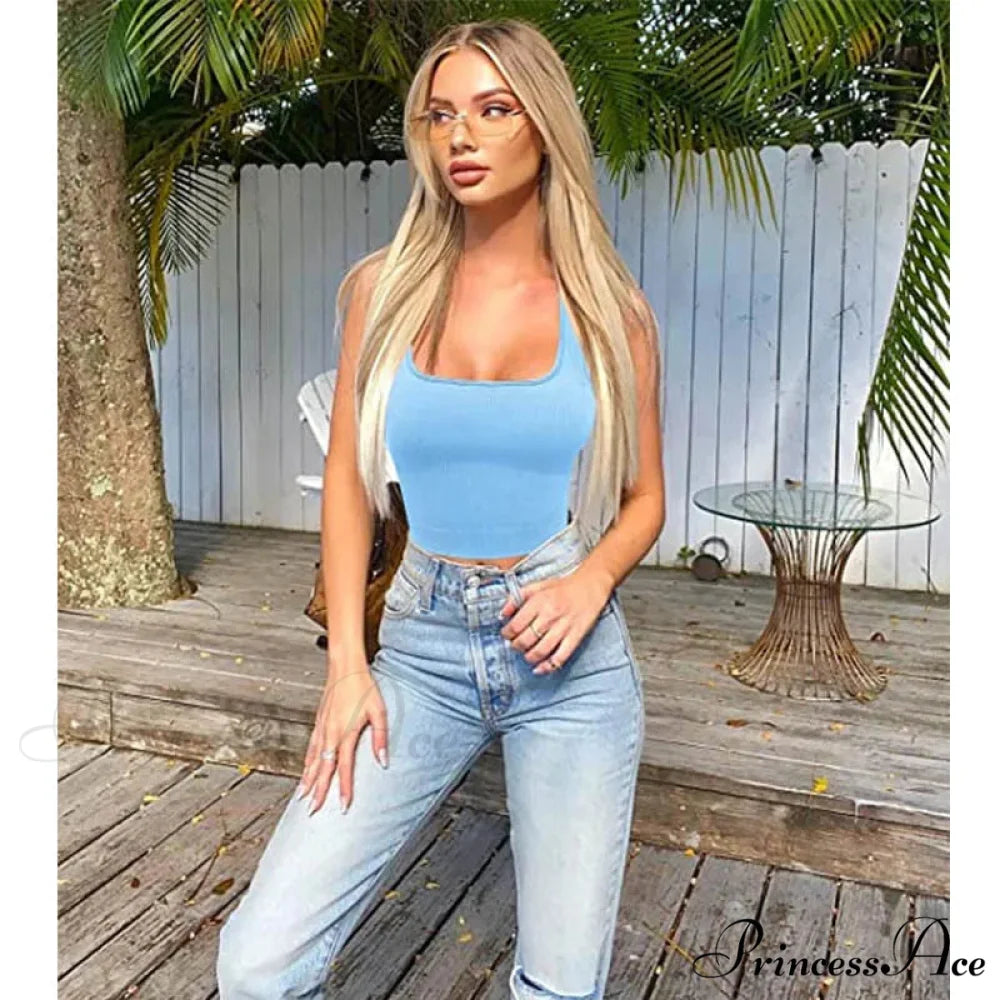 Women Square Neck Ribbed Camisole Women Summer Basic Elastic Sleeveless Crops Tank top Sky blue / S