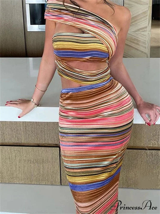 Women Striped Bodycon Summer Irregular Cutout One Shoulder Sleeveless Beach Party for Club Streetwear New PINK / S
