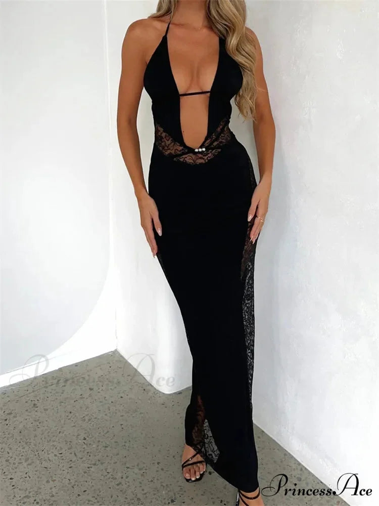 Women Summer Deep V-neck Black Sleeveless Strap Backless Halter Off Shoulder Lace Floral Party BLACK / S