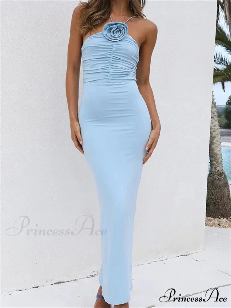 Women Summer Halter Beach Solid 3D Flower Ruched Backless Sleeveless Off Shoulder Female Vestidos Blue / S