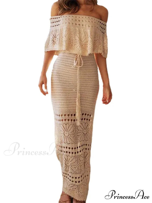 Women Summer Knitted Short Sleeve Off Shoulder Hollow Out Tie Up Streetwear Female Vestidos New BEIGE / S
