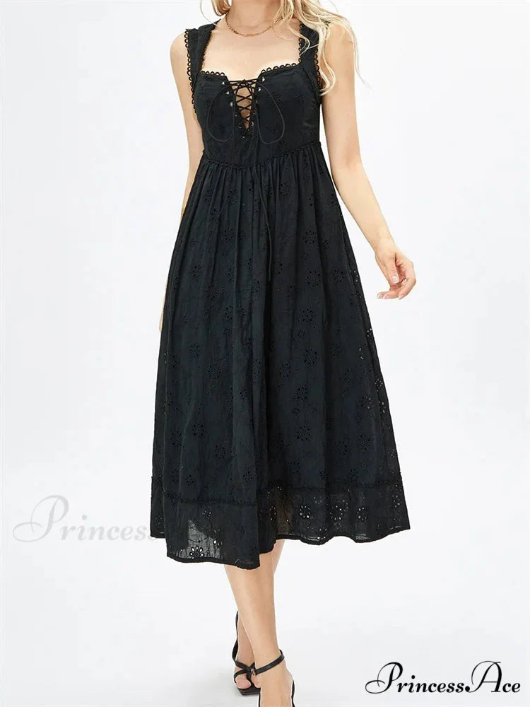 Women Summer Lace Floral Backless Tie-up Sleeveless Spaghetti Strap Hollow Out Party Female Vestidos