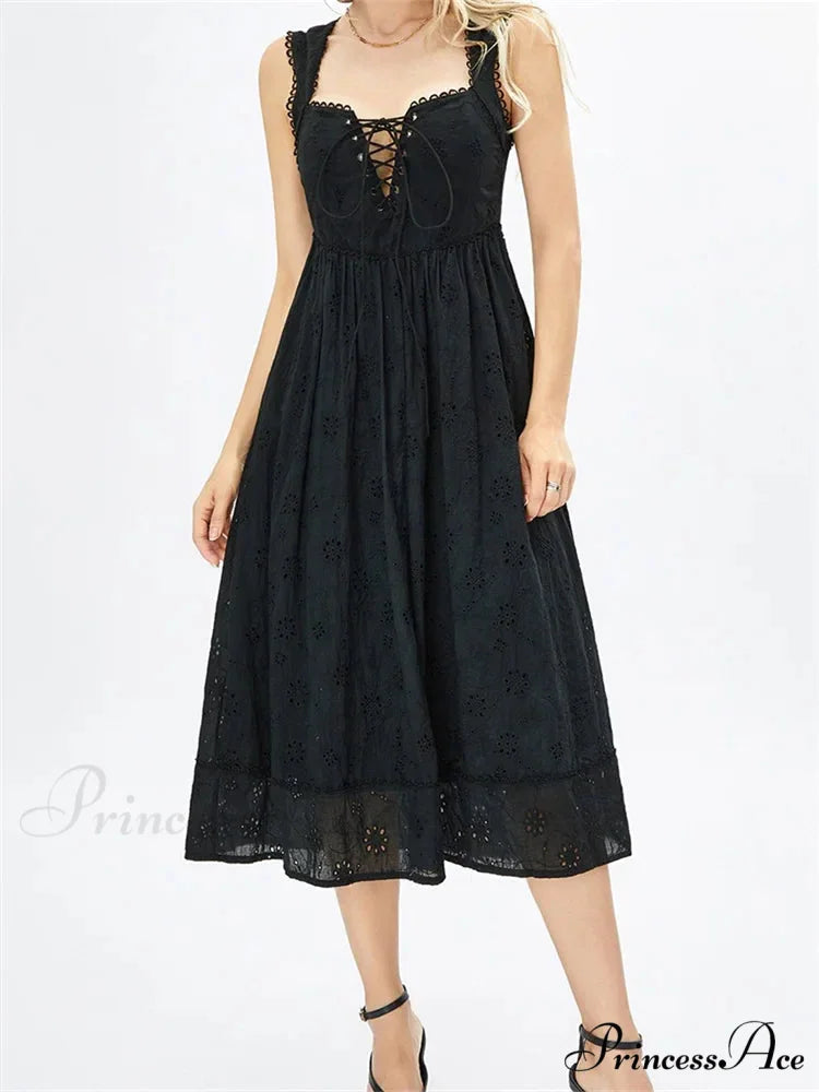 Women Summer Lace Floral Backless Tie-up Sleeveless Spaghetti Strap Hollow Out Party Female Vestidos Black / S