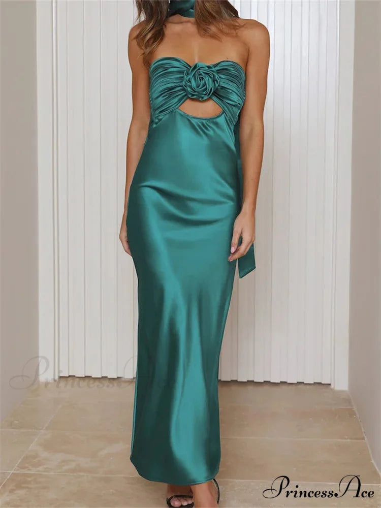 Women Summer Satin Tube Solid Color Strapless Off Shoulder Slim 3D Flower Vestidos with Scarf GREEN / S