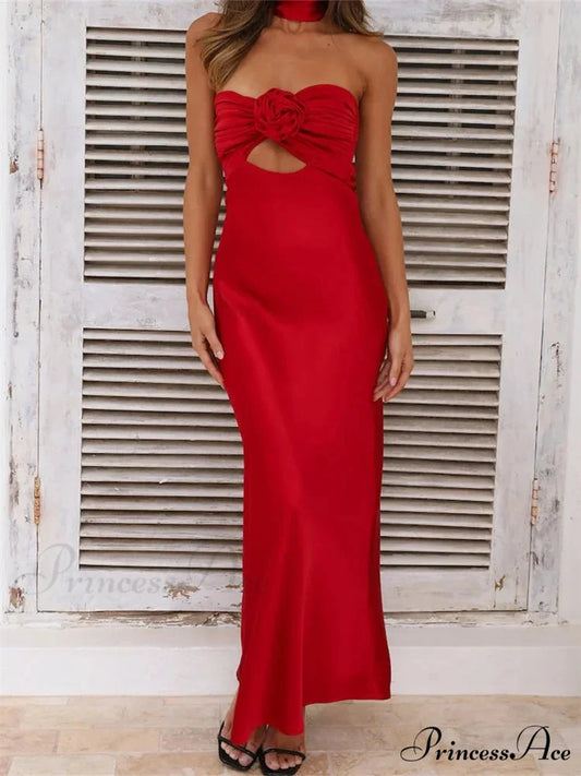 Women Summer Satin Tube Solid Color Strapless Off Shoulder Slim 3D Flower Vestidos with Scarf RED / S