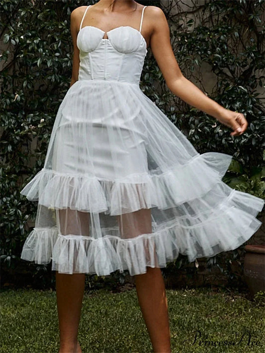 Women Summer Solid Color Sleeveless Strap Summer Layered Tulle Ruffles Backless Party Vestidos WHITE / S