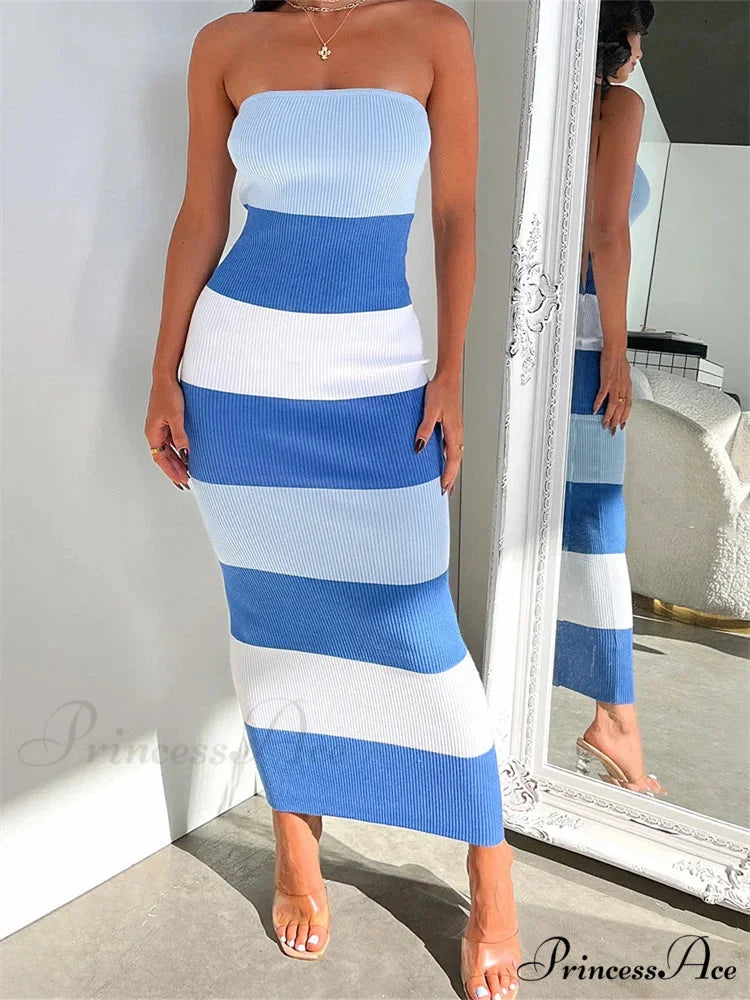 Women Summer Strapless Knitted Ribbed Female Sexy Vestidos Sleeveless Off Shoulder Striped Outfits BLUE / S