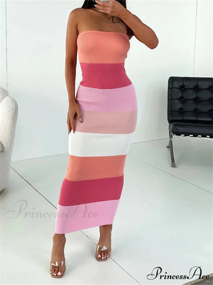 Women Summer Strapless Knitted Ribbed Female Sexy Vestidos Sleeveless Off Shoulder Striped Outfits RED / S