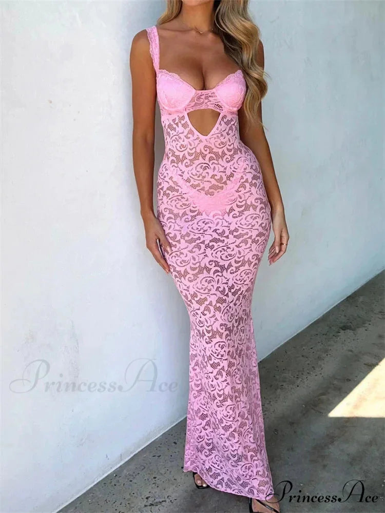 Women Summer V-neck Sleeveless Strap Backless Mesh See Through Lace Floral Hollow Out Party New PINK / S