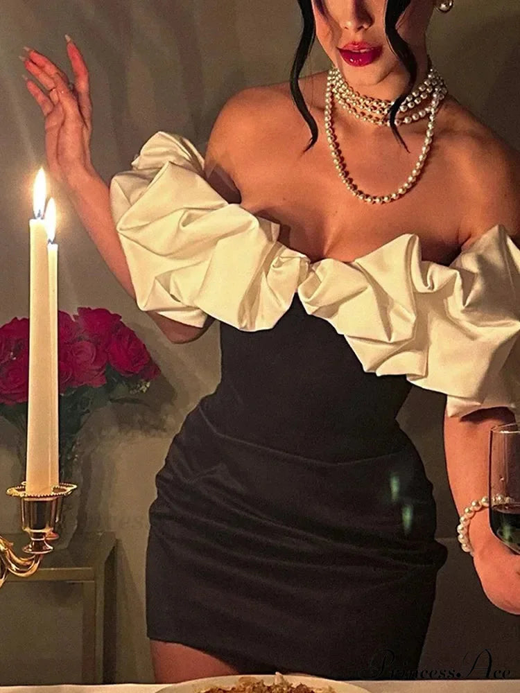 Women Sweet Fishbone Ruffled Neck Spliced Mini Sexy Backless Christmas Party Dress black / S