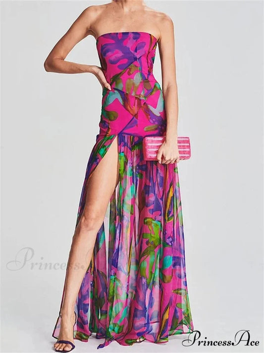 Women Tube Slim Strapless Off Shoulder Mesh Patchwork Leopard Floral Print Split Party Club Vestidos Print / S