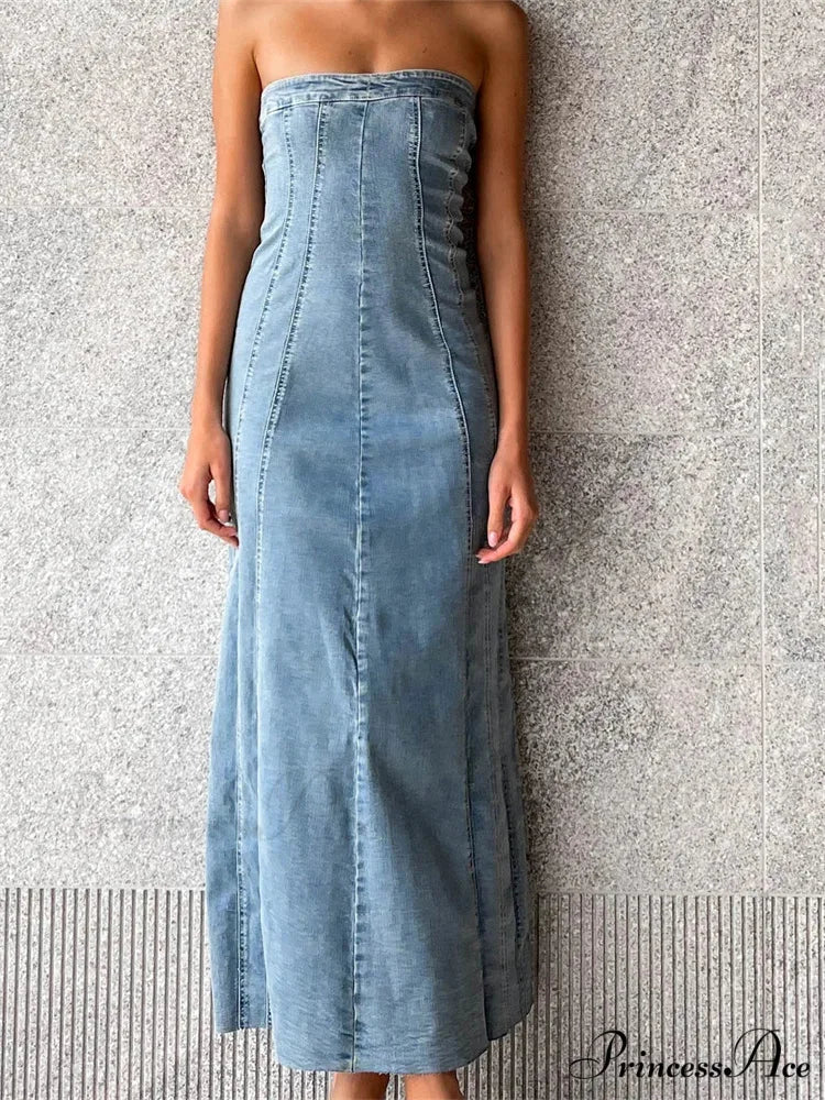 Women Tube Strapless Backless Denim Back Zip Up Summer Side Split Club Party Female Vestidos BLUE / S