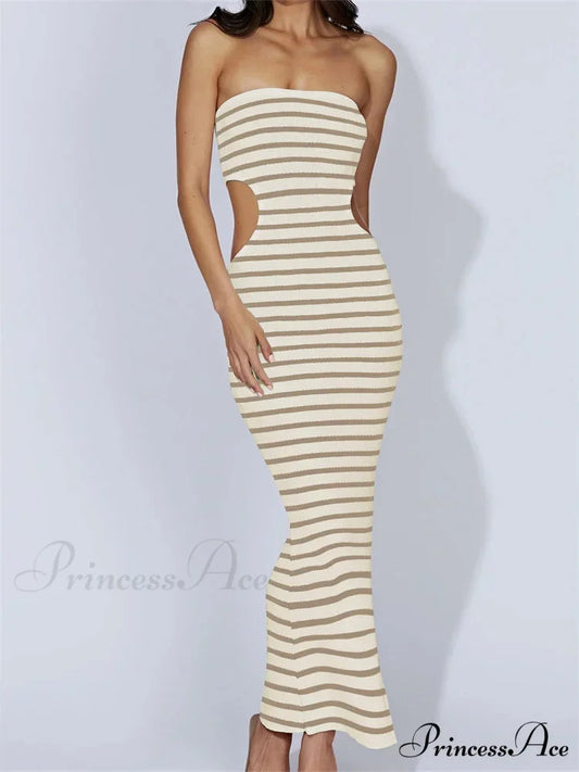 Women Tube Strapless Off Shoulder Cutout Solid Color/Striped Print Knitted Summer Beach Vestido BEIGE / S