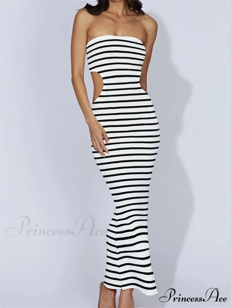 Women Tube Strapless Off Shoulder Cutout Solid Color/Striped Print Knitted Summer Beach Vestido BLACK / S