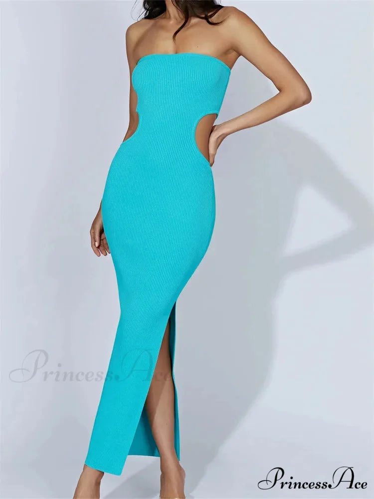 Women Tube Strapless Off Shoulder Cutout Solid Color/Striped Print Knitted Summer Beach Vestido GREEN / S