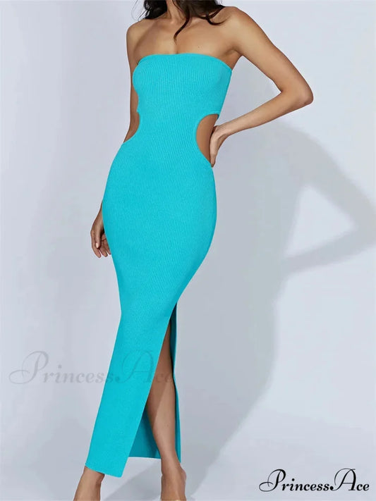 Women Tube Strapless Off Shoulder Cutout Solid Color/Striped Print Knitted Summer Beach Vestido GREEN / S