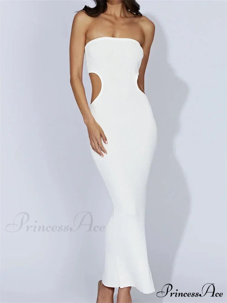 Women Tube Strapless Off Shoulder Cutout Solid Color/Striped Print Knitted Summer Beach Vestido WHITE / S