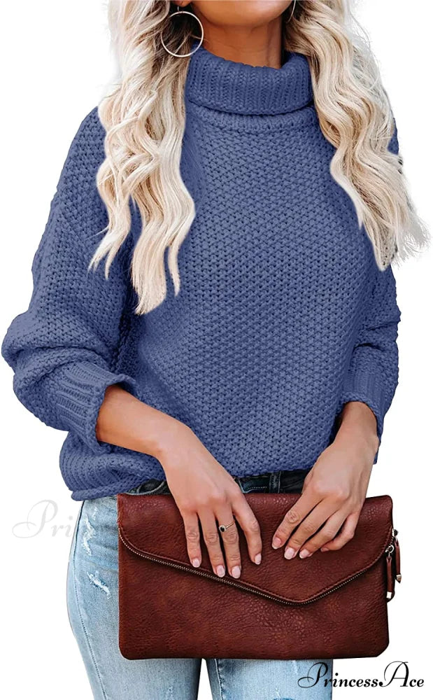 Women Turtleneck Batwing Sleeve Casual Oversized Sweater Blue Grey / X-Large