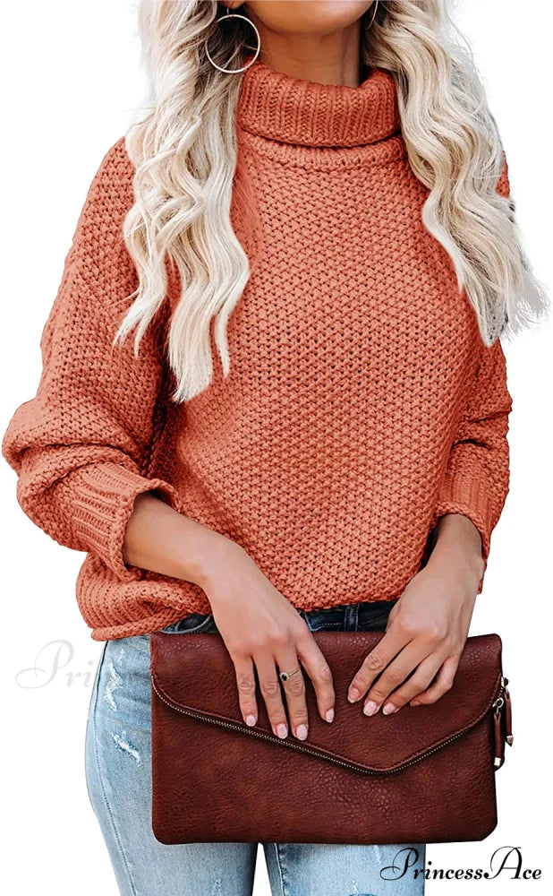 Women Turtleneck Batwing Sleeve Casual Oversized Sweater Orange Red / X-Large