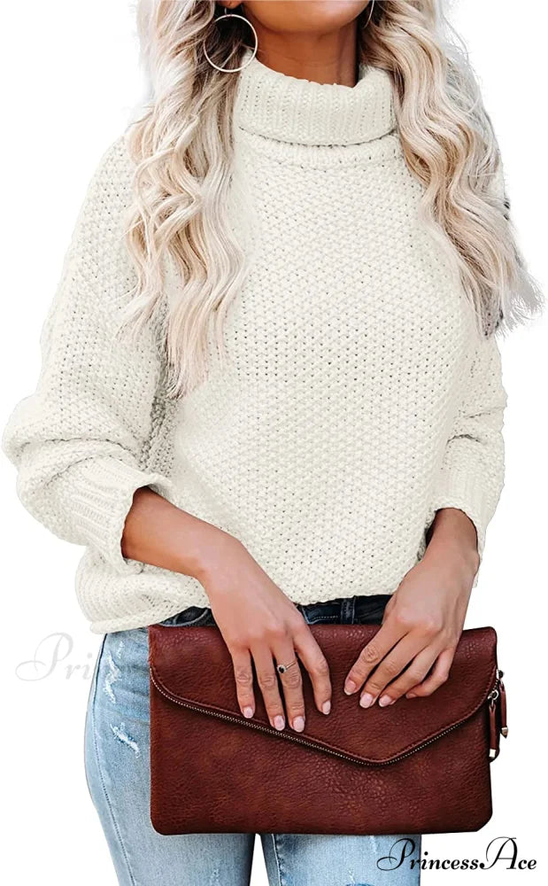 Women Turtleneck Batwing Sleeve Casual Oversized Sweater White / X-Large