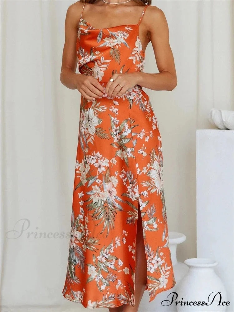 Women V-neck Floral Print Sleeveless Strap Side Split for Party Club Wedding Night Female Vestidos ORANGE / S