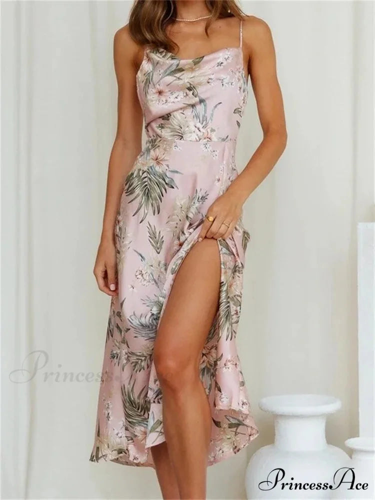 Women V-neck Floral Print Sleeveless Strap Side Split for Party Club Wedding Night Female Vestidos WHITE / S
