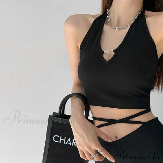Women V Neck Hollow Out Halter Camis 2024 Summer Fashion Slim Cropped Lace Up Camisole Tank top Black / One Size