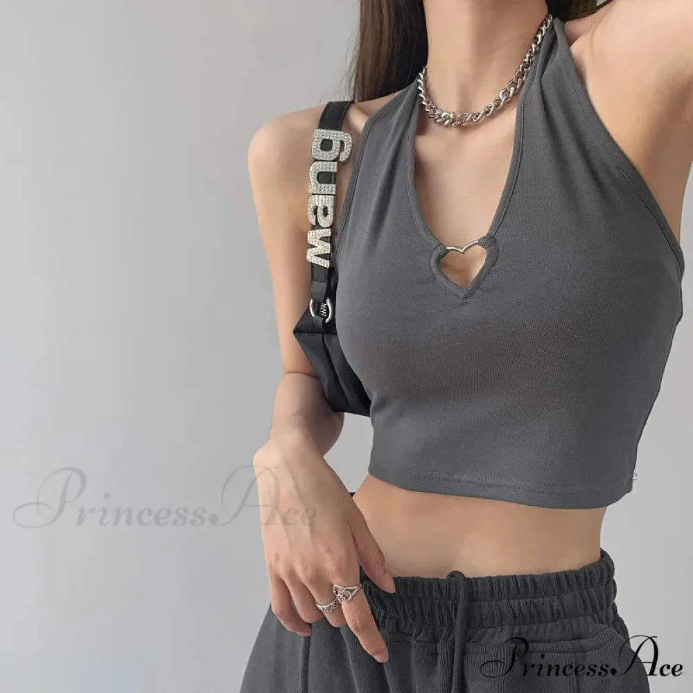 Women V Neck Hollow Out Halter Camis 2024 Summer Fashion Slim Cropped Lace Up Camisole Tank top Dark Grey / One Size