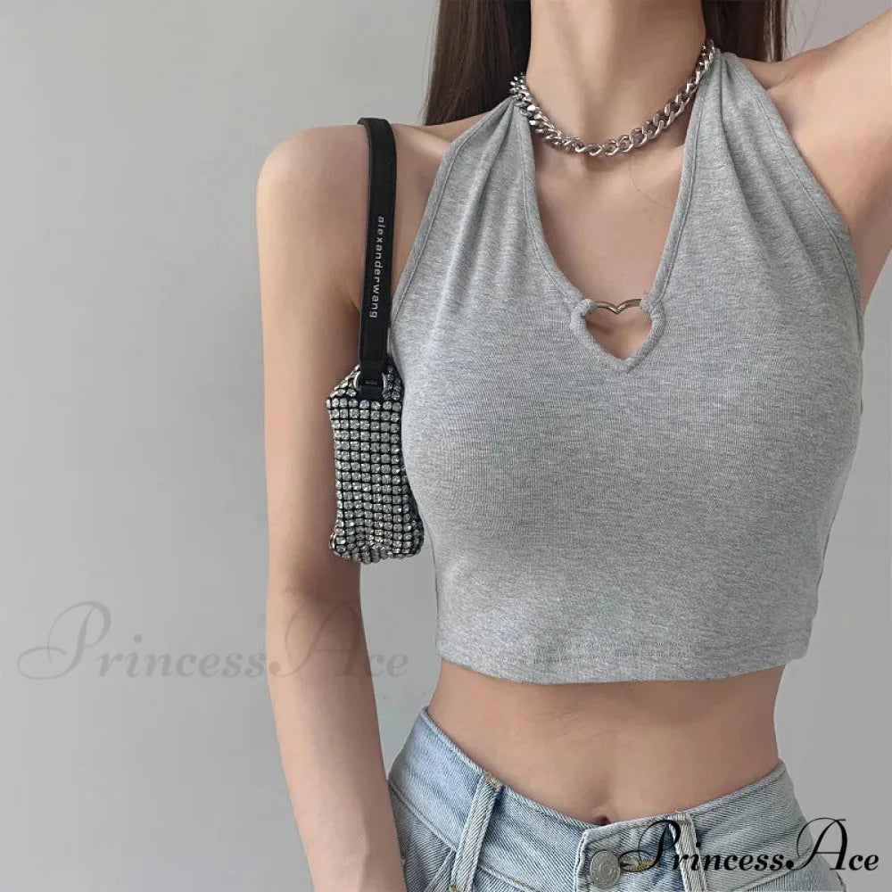 Women V Neck Hollow Out Halter Camis 2024 Summer Fashion Slim Cropped Lace Up Camisole Tank top GRAY / One Size