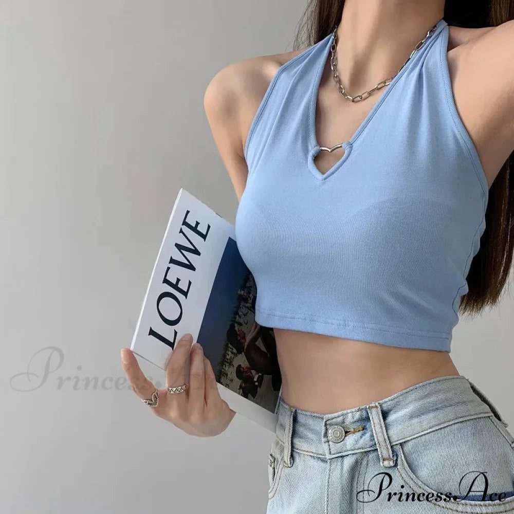 Women V Neck Hollow Out Halter Camis 2024 Summer Fashion Slim Cropped Lace Up Camisole Tank top Sky blue / One Size