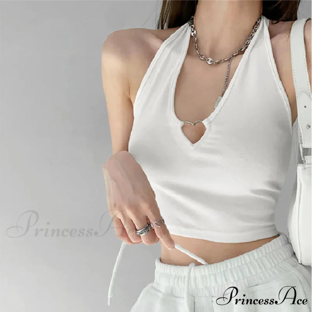 Women V Neck Hollow Out Halter Camis 2024 Summer Fashion Slim Cropped Lace Up Camisole Tank top WHITE / One Size