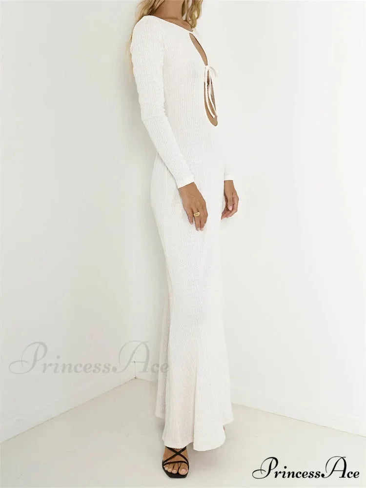 Women Vintage Elegant Sleeve Front Cutout Tie-up Solid Color Solid Color Party Autumn Vestidos