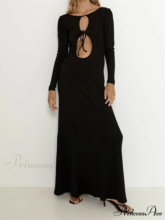 Women Vintage Elegant Sleeve Front Cutout Tie-up Solid Color Solid Color Party Autumn Vestidos