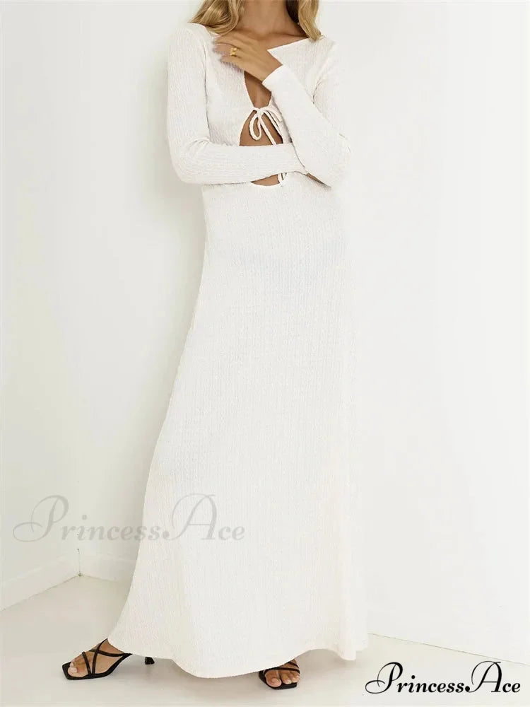 Women Vintage Elegant Sleeve Front Cutout Tie-up Solid Color Solid Color Party Autumn Vestidos