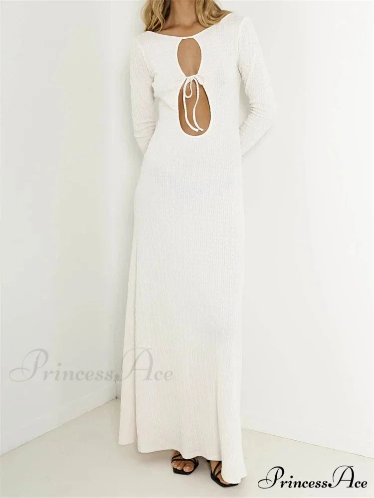 Women Vintage Elegant Sleeve Front Cutout Tie-up Solid Color Solid Color Party Autumn Vestidos WHITE / S